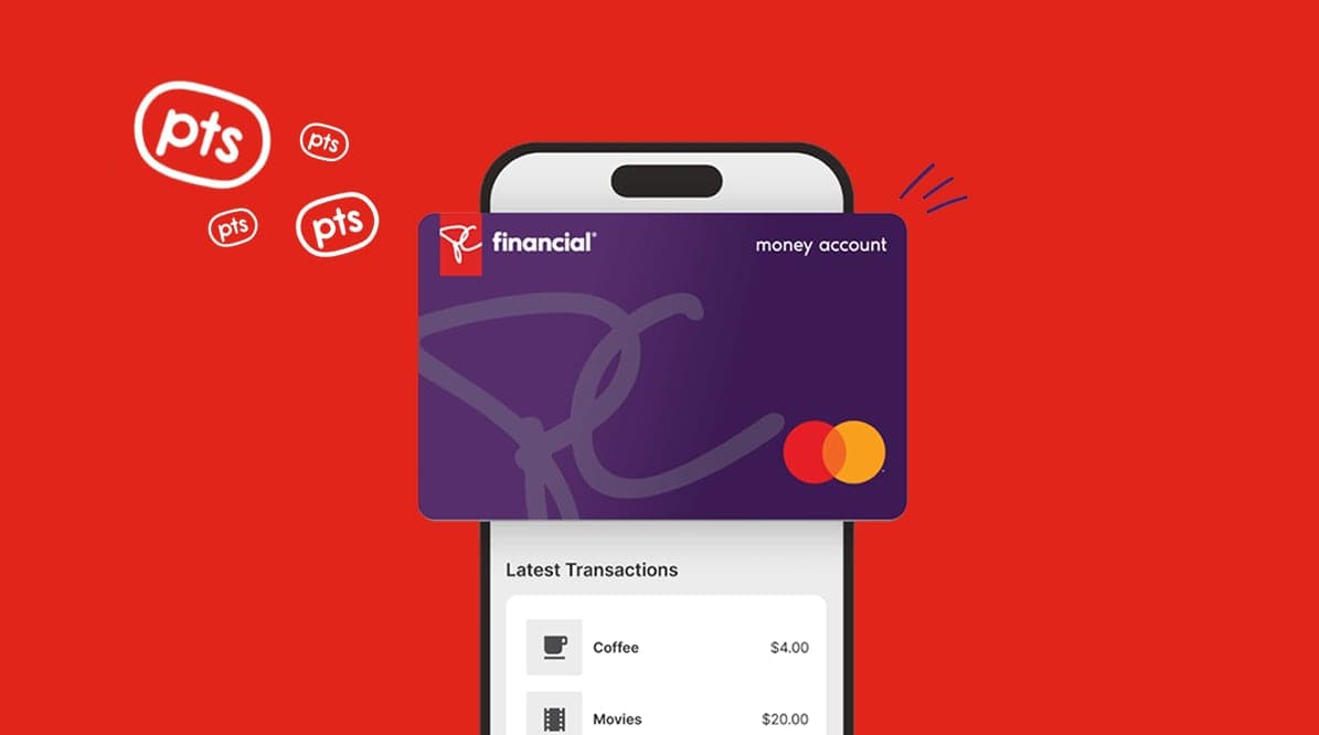 A PC Money Account card on top of a mobile wallet with PC Optimum points popping up