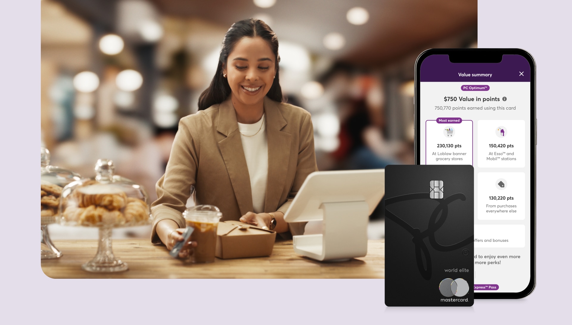 A customer paying for a pastry and coffee with their PC® Mastercard®.