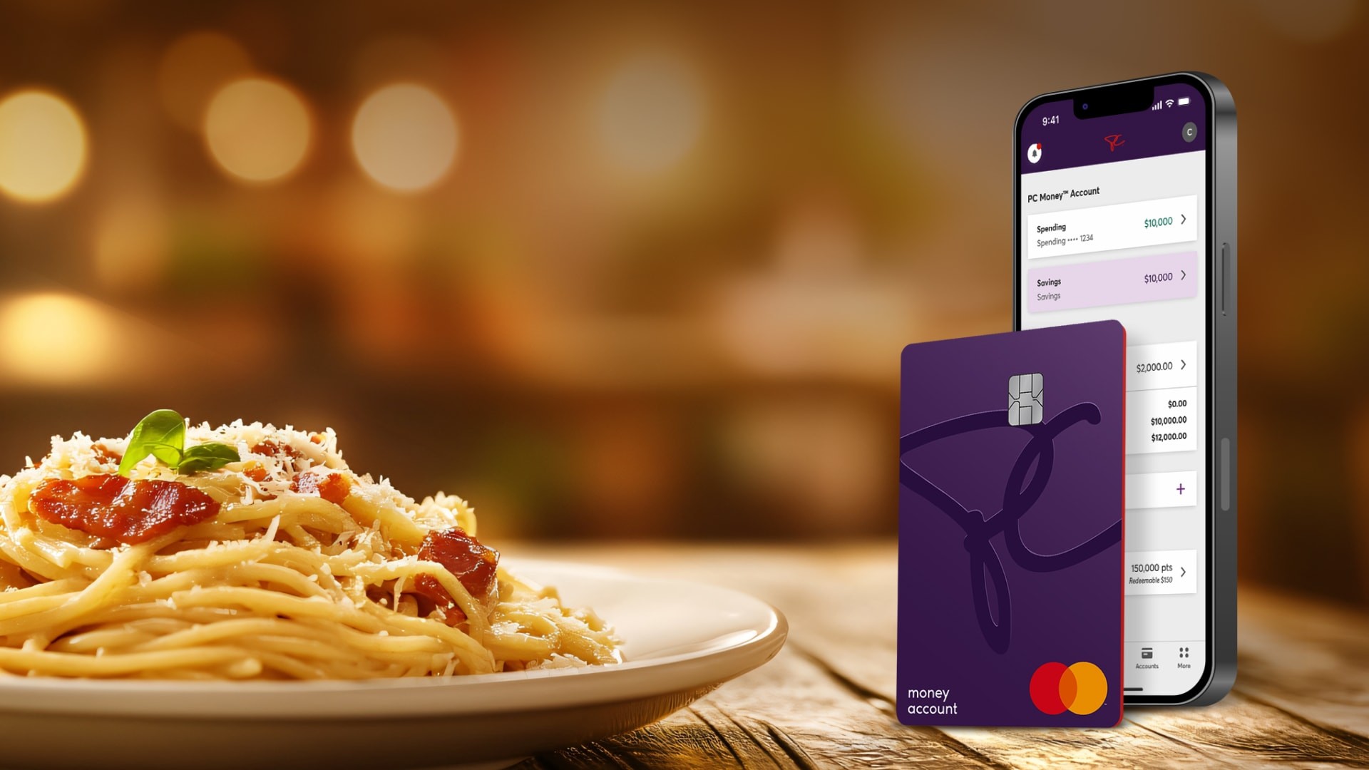 A plate of spaghetti and meatballs next to a mobile device and PC Money Account card.