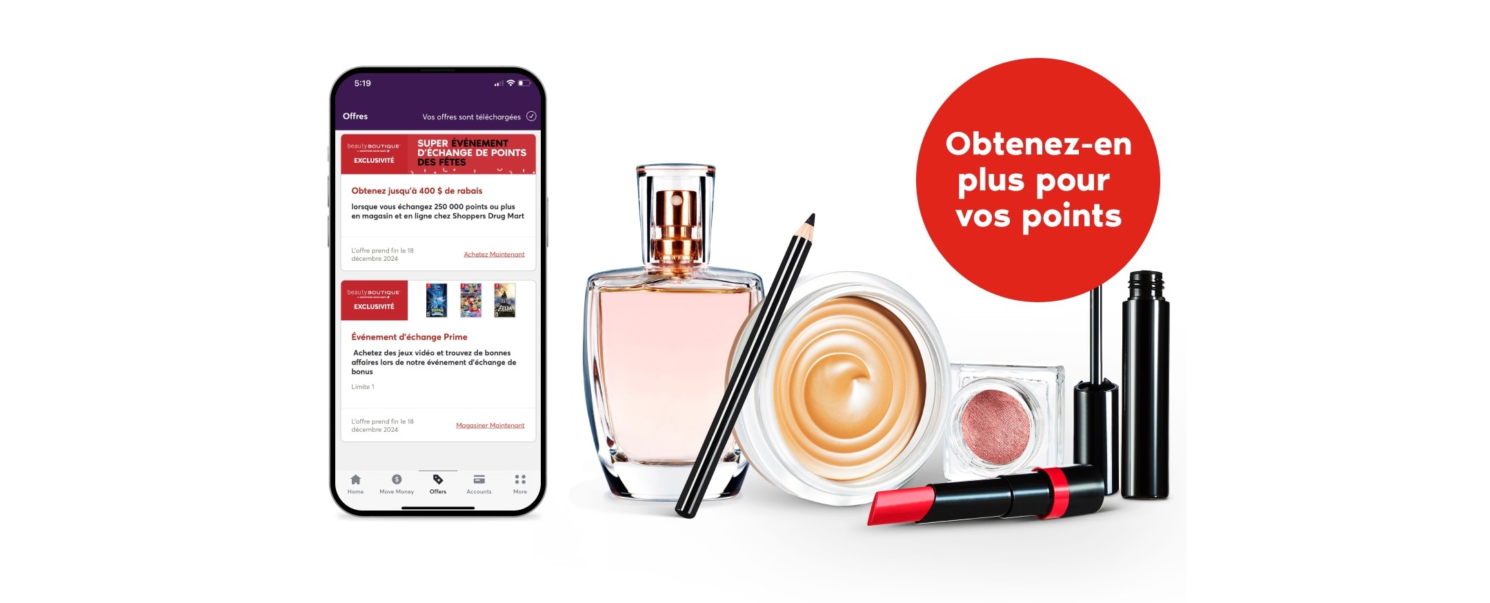 Un appareil mobile affichant l’application PC FinanceMD à côté d’un éventail de produits de beauté.